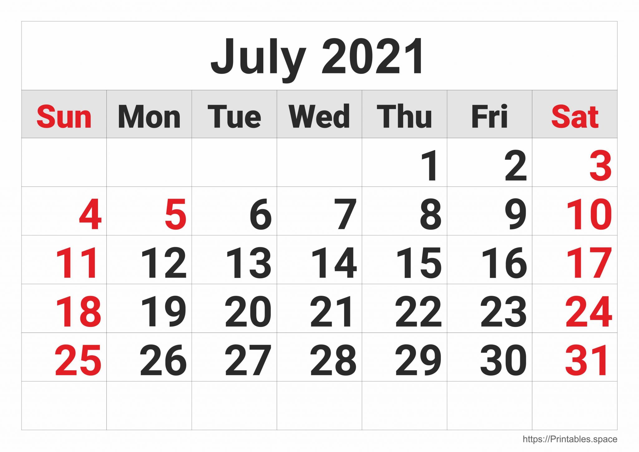 July 2021 Monthly Calendar Free Printables