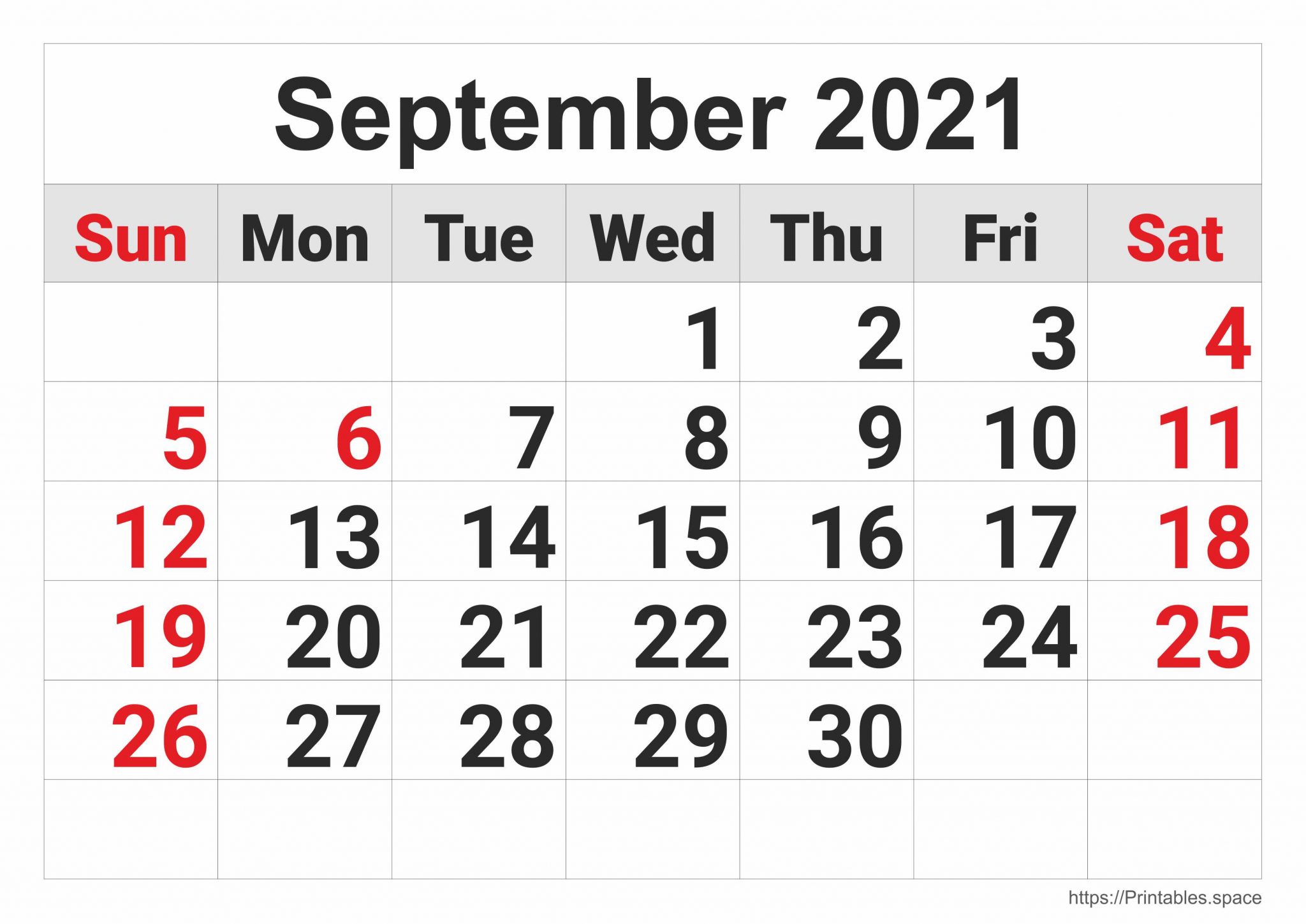 September 2021 Monthly Calendar Free Printables