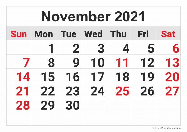 November 2021 Monthly Calendar