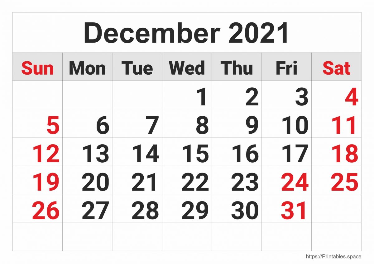 December 2021 Monthly Calendar
