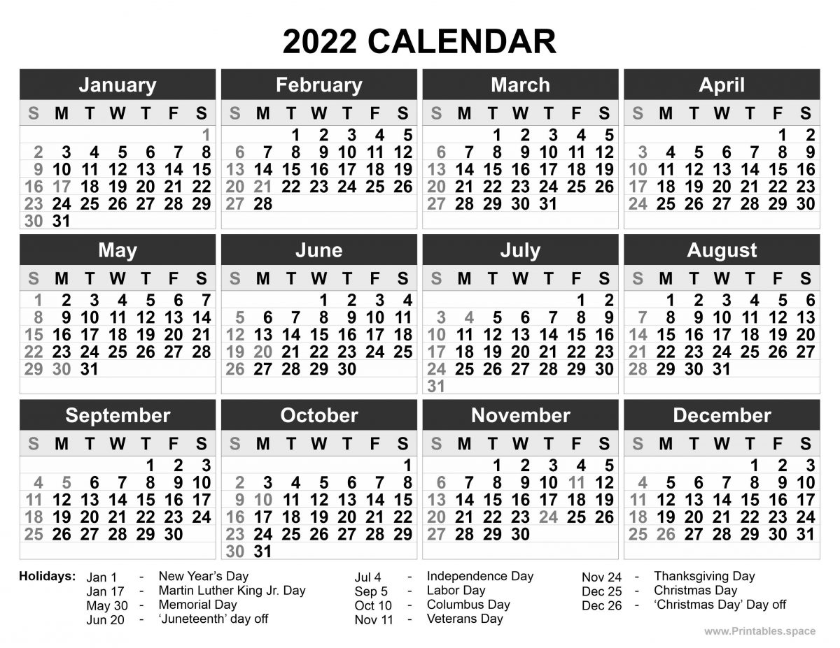 Printable 2022 Calendar, monochrome