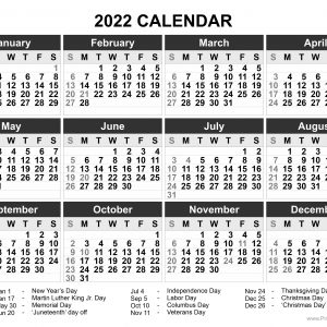 Printable 2022 Calendar, monochrome