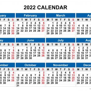 2022 Calendar, Week Srarts With Monday