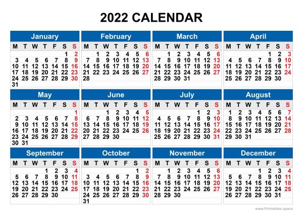 2022 Calendar, Week Srarts With Monday