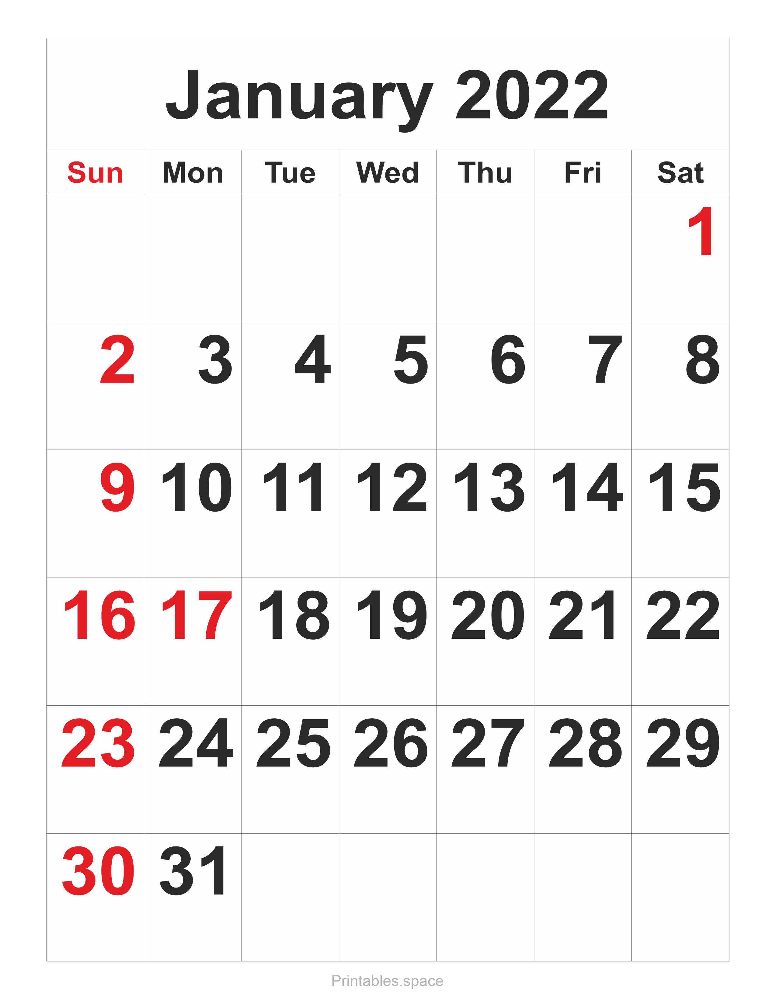 January 2022 Calendar Free Printables