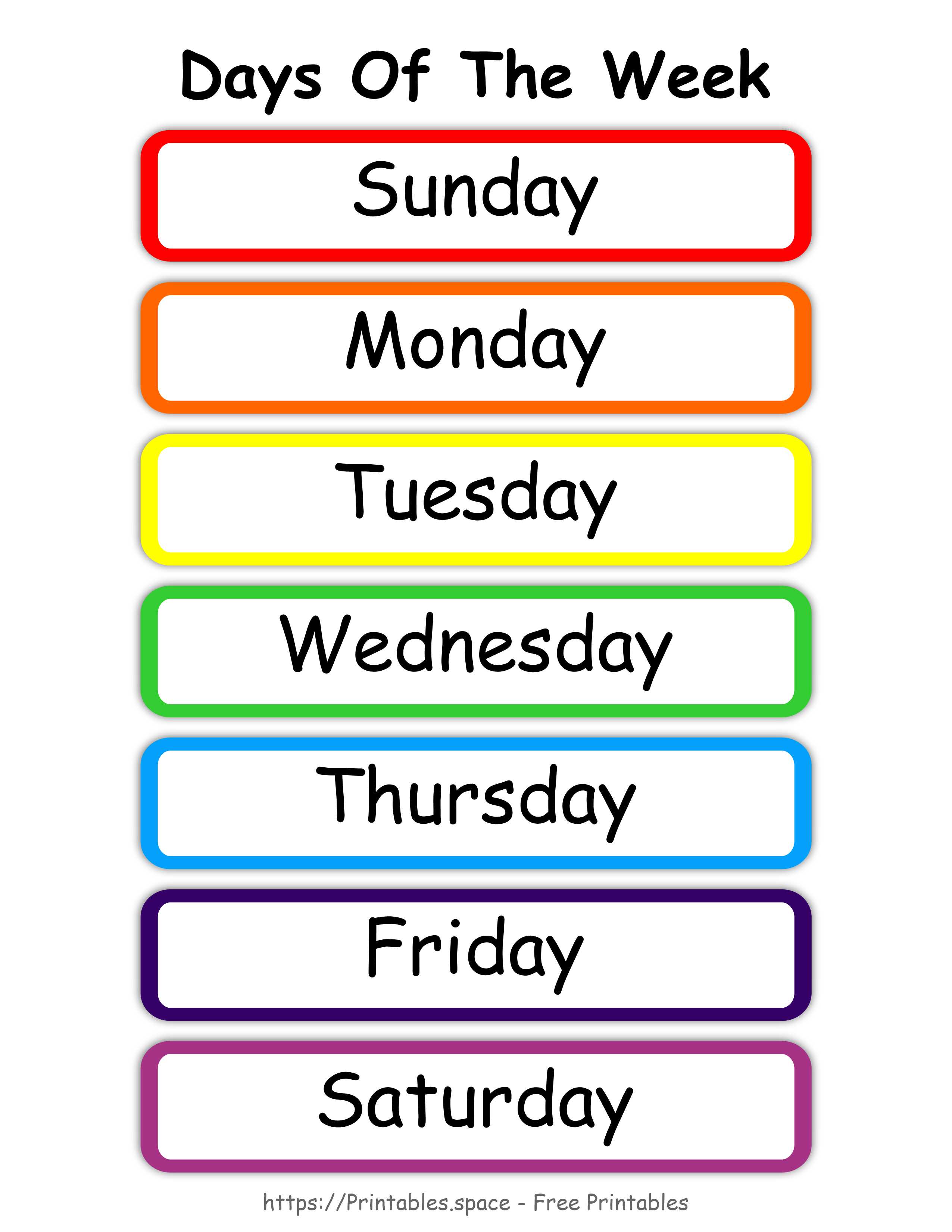 Days Of The Week Free Printable Cards