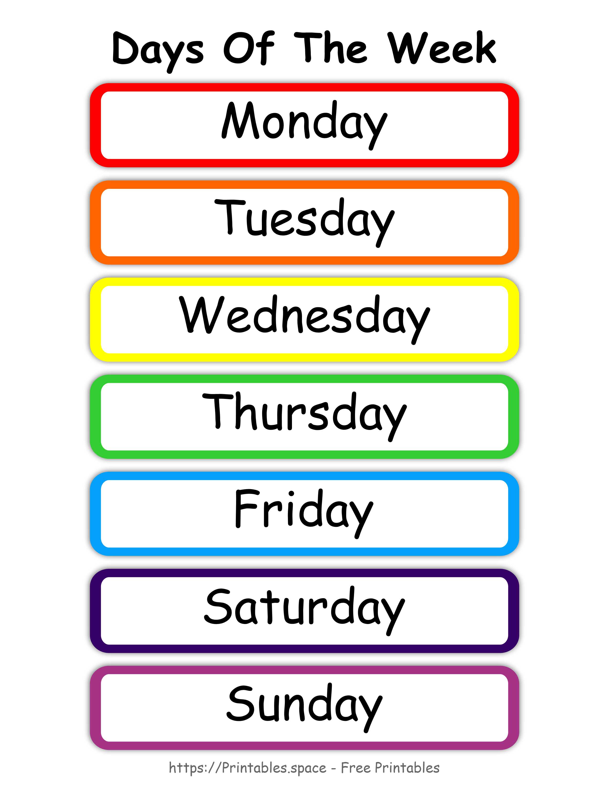 Colorful Days Of The Week Chart (Starting With Monday) Free Printables