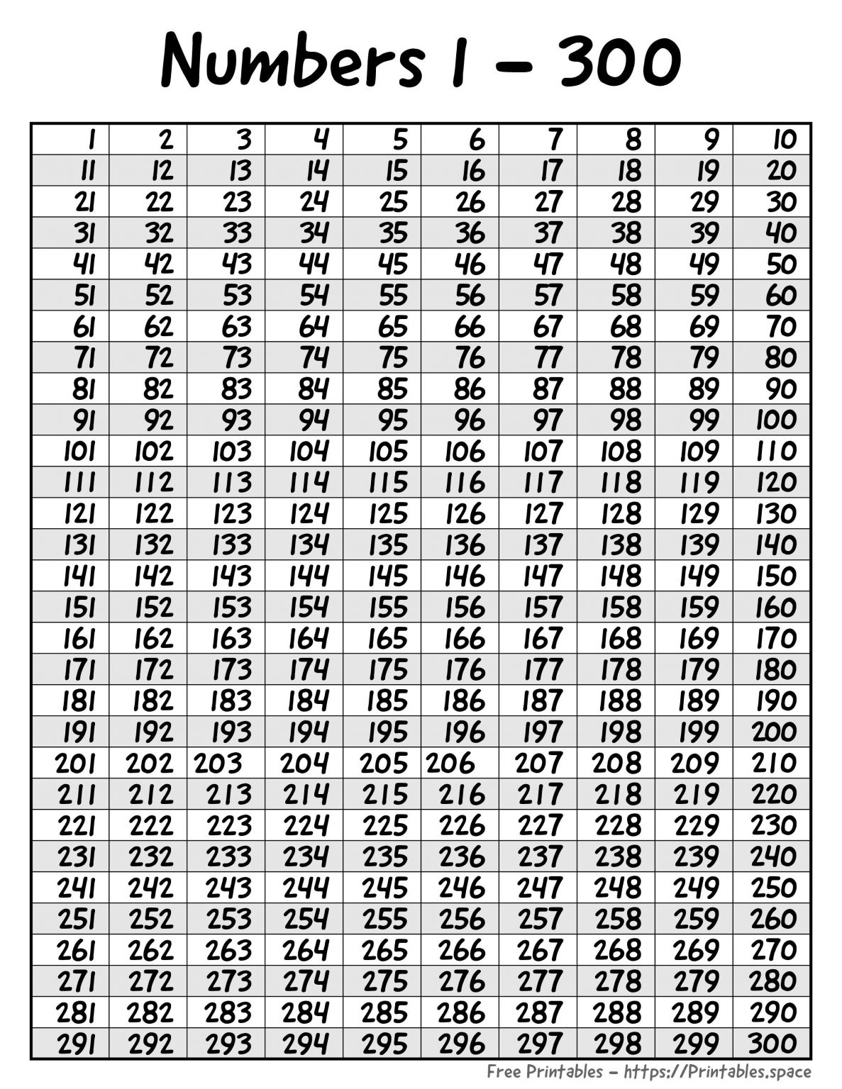 Number Chart 201-300 Printable