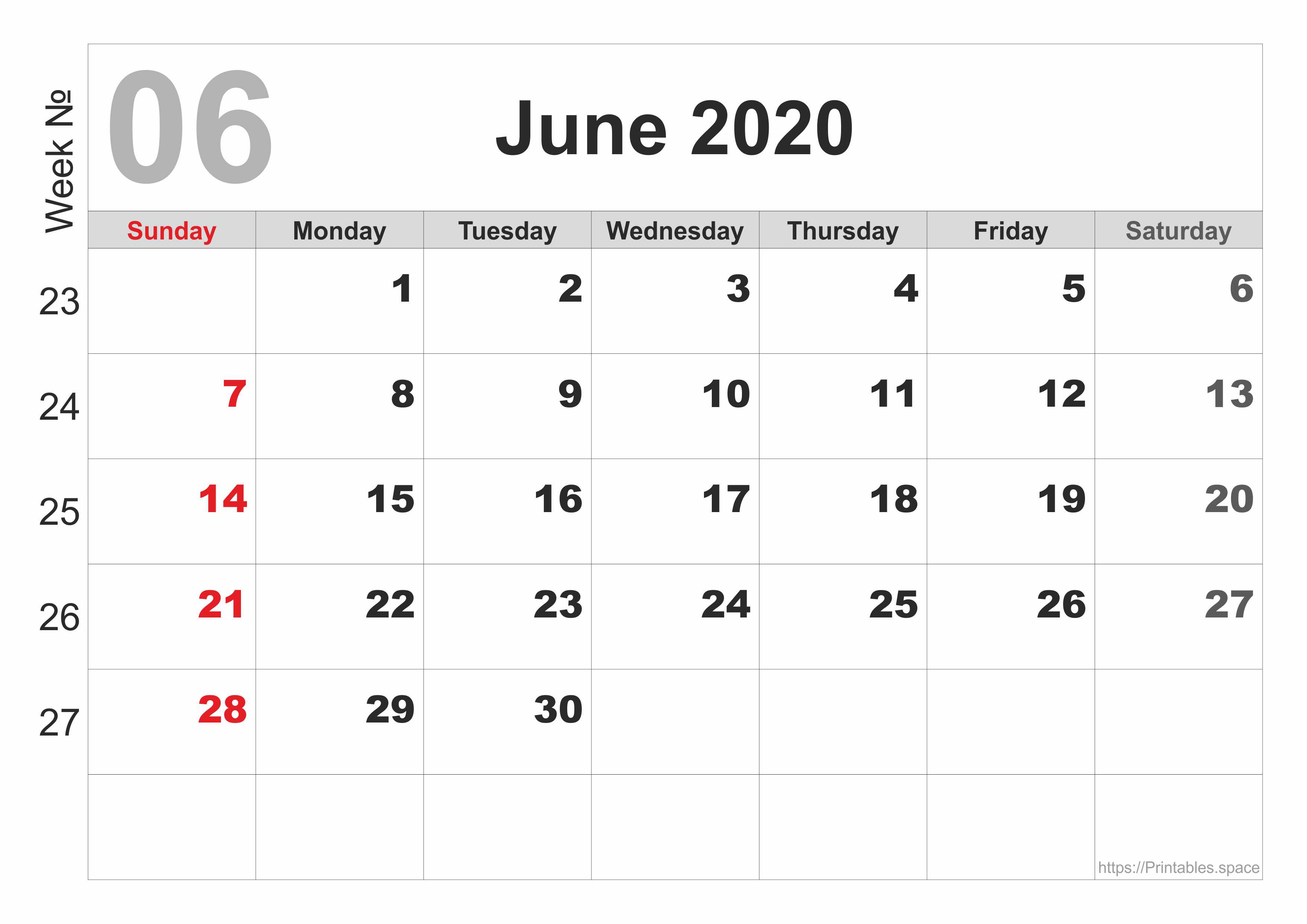 June 2020 Calendar Free Printables