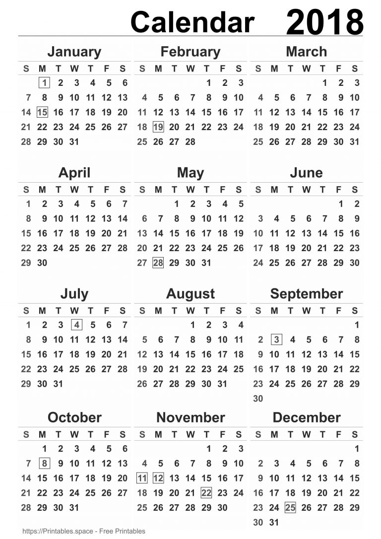 Simple Monochrome Calendar 2018 (USA) – Free Printables