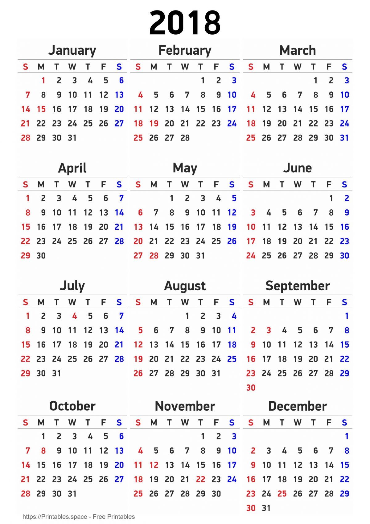 Free Printable Calendar 2018 with American Holidays