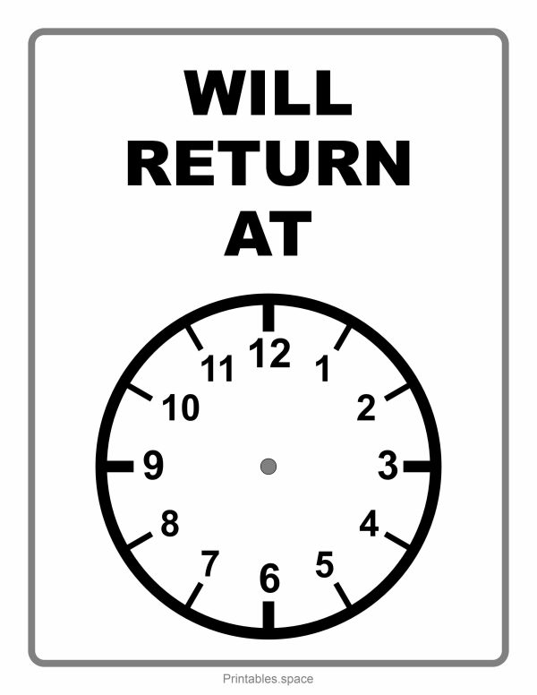 Printable "Will Return" sign with clock image