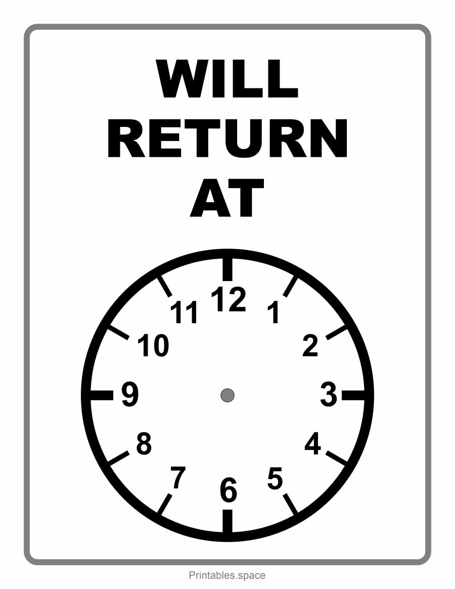Printable "Will Return" sign with clock image