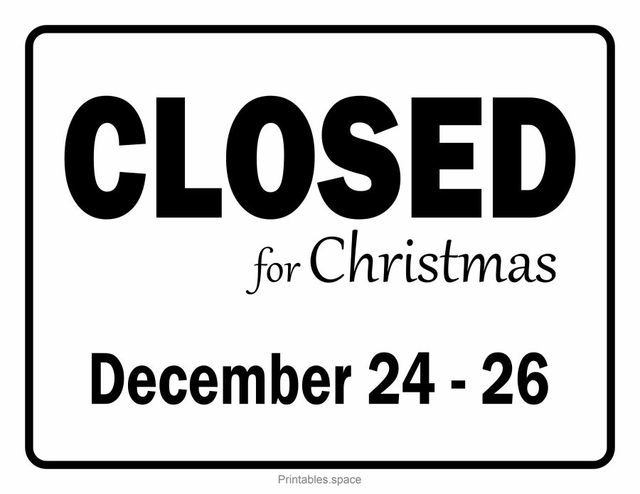 Free printable "Closed December 24–26" holiday sign for US Letter