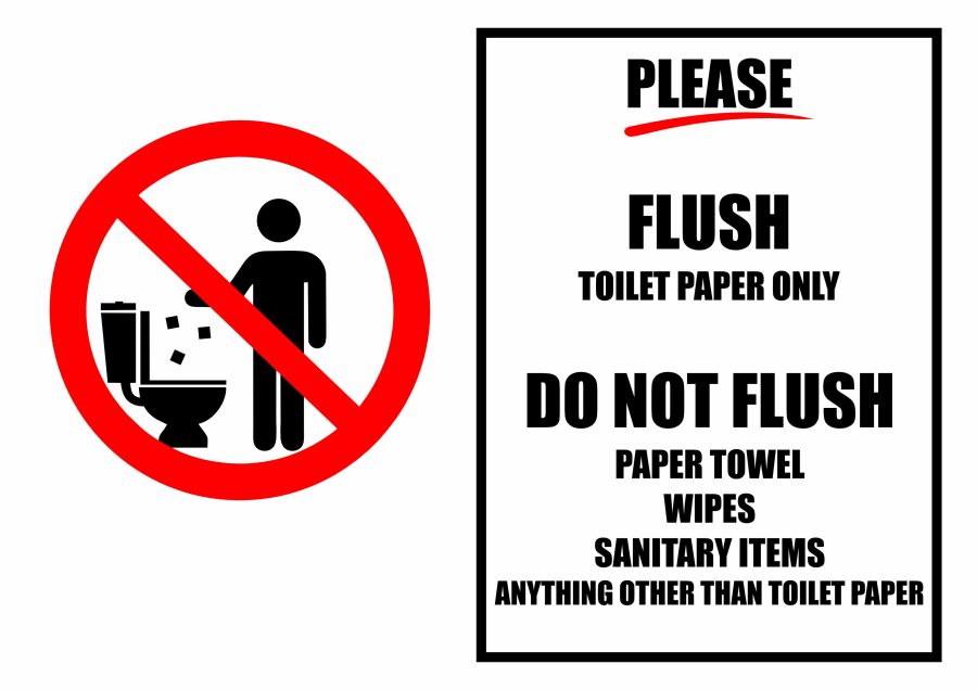 Do not flush anything except toilet paper sign with red prohibition symbol and ilhouette