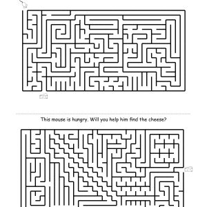 Medium printable maze for 1st graders ages 6-7 - mouse finding cheese with moderate twists and dead ends, Mouse and Cheese Adventure intermediate level