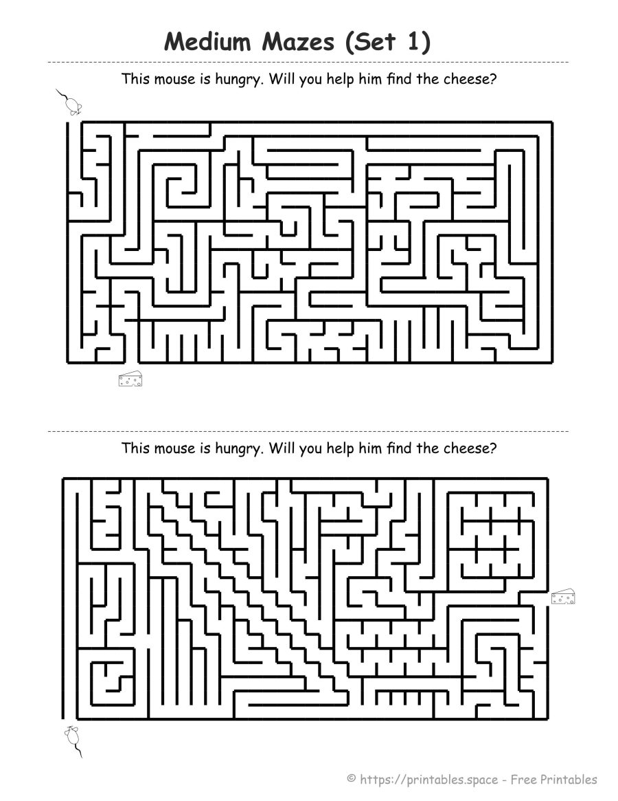 Medium printable maze for 1st graders ages 6-7 - mouse finding cheese with moderate twists and dead ends, Mouse and Cheese Adventure intermediate level