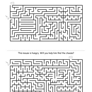 Medium difficulty maze for 2nd graders ages 7-8 - mouse and cheese puzzle with complex paths and multiple dead ends, Mouse and Cheese Adventure
