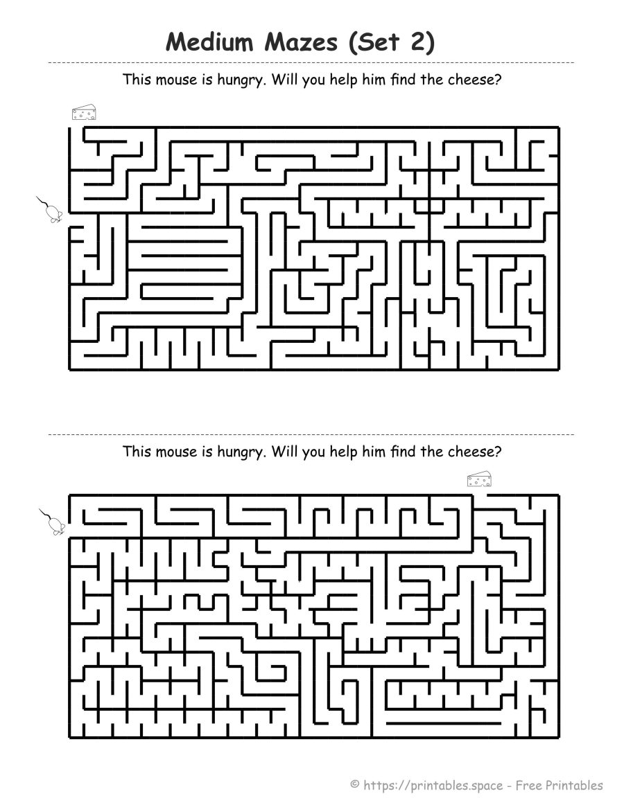 Medium difficulty maze for 2nd graders ages 7-8 - mouse and cheese puzzle with complex paths and multiple dead ends, Mouse and Cheese Adventure